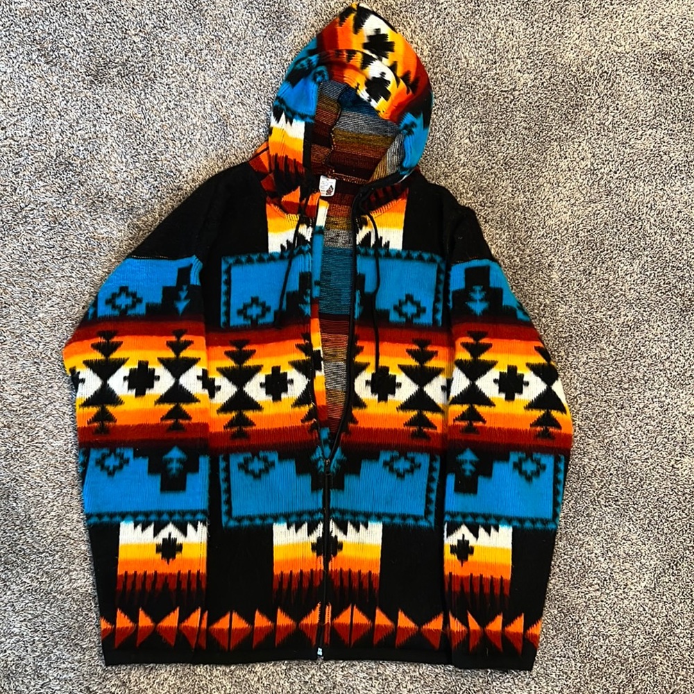 Artesanias Tuntaquimba XL Mens Wool Multicolor Ecuador Full Zip Jacket Coat Hood